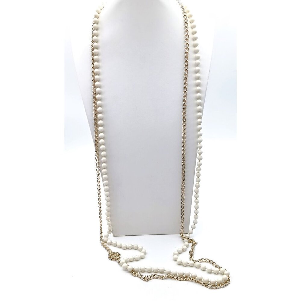 Vintage Double Strand Flapper Necklace, Hong Kong Basic White Beads and Gold